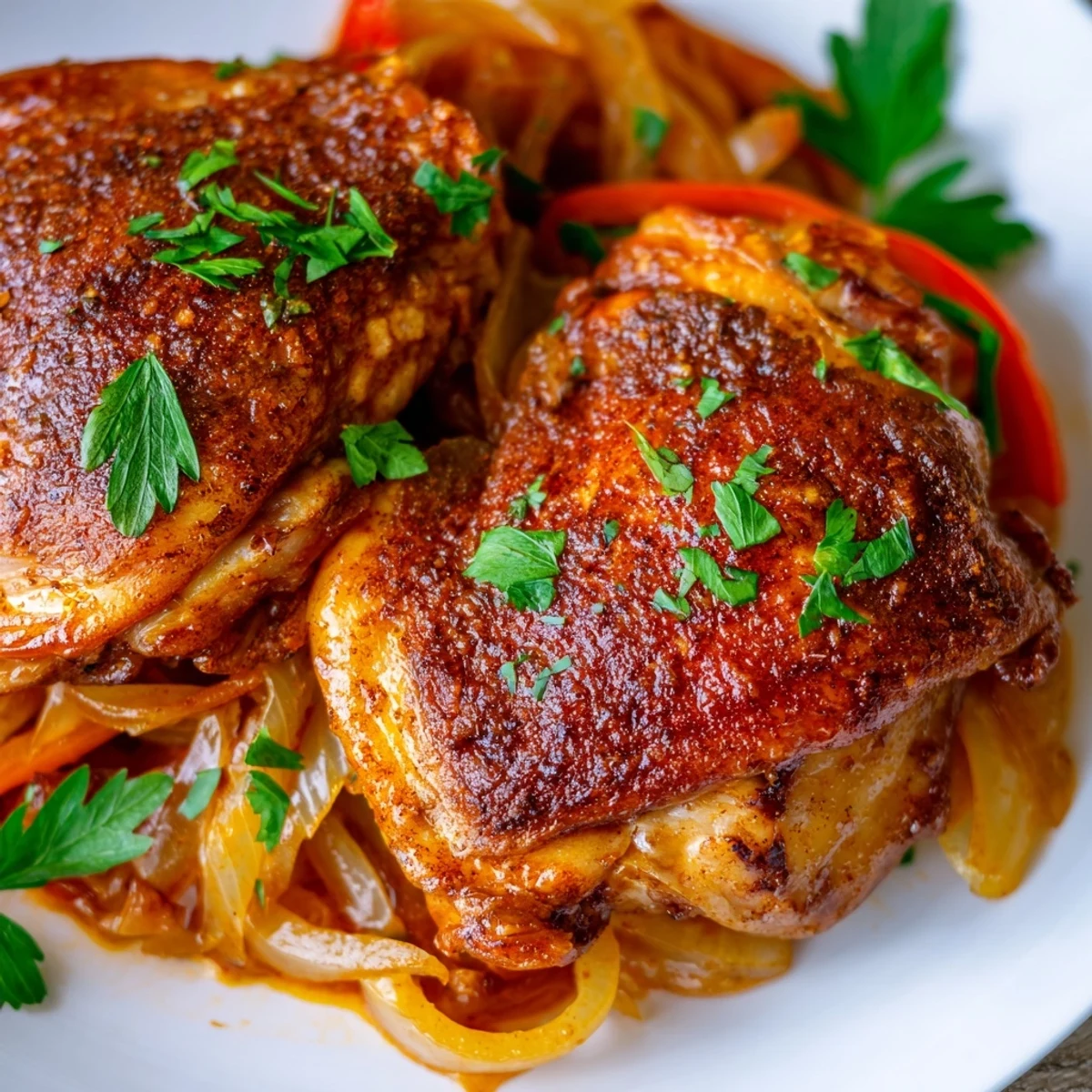 Tender Braised Catalina Chicken with glossy red-orange sauce alongside colorful roasted vegetables for dinner.