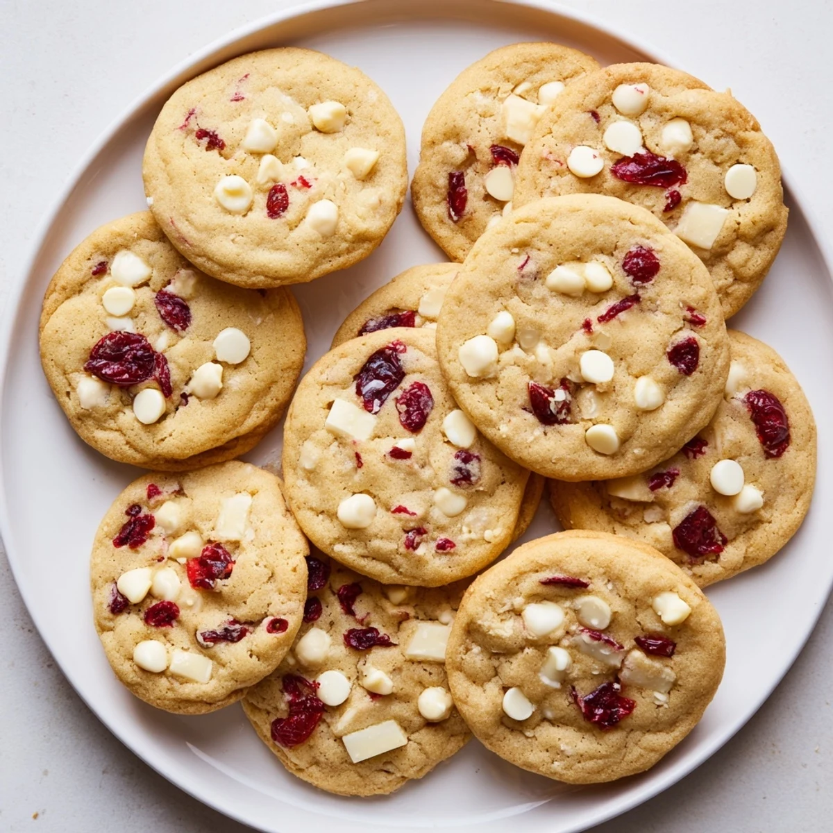 A close-up of freshly baked White Chocolate Cranberry Cookies with creamy white chips and tart red cranberries on a cooling rack.