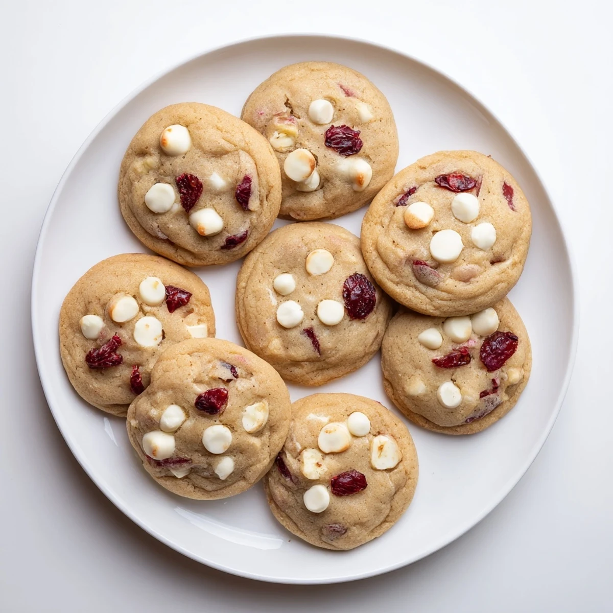 White Chocolate Cranberry Cookies sit on a festive platter, perfect for holiday gatherings with a glass of milk nearby.