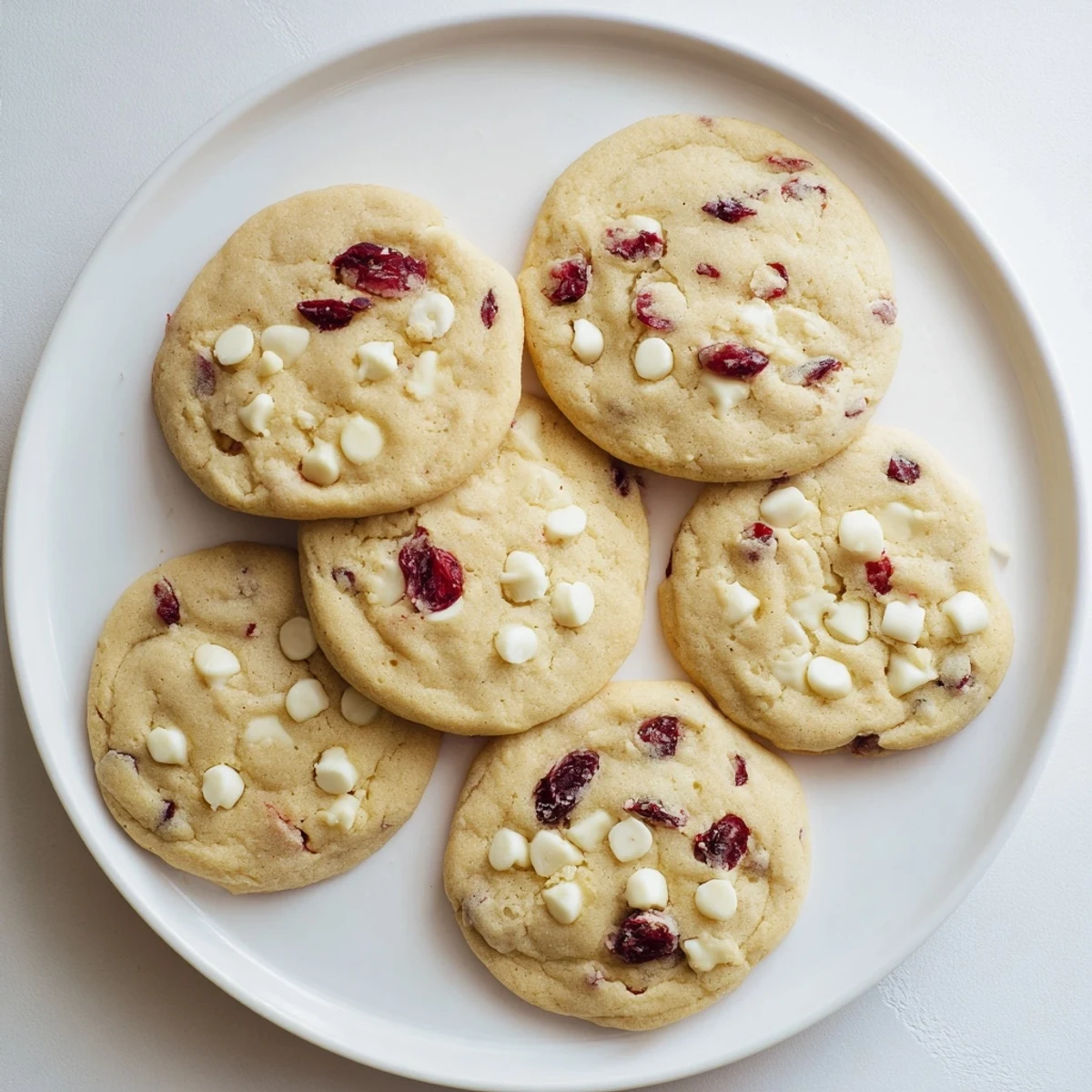 Overhead view of golden-brown White Chocolate Cranberry Cookies with soft centers, ready to serve for an American dessert spread.