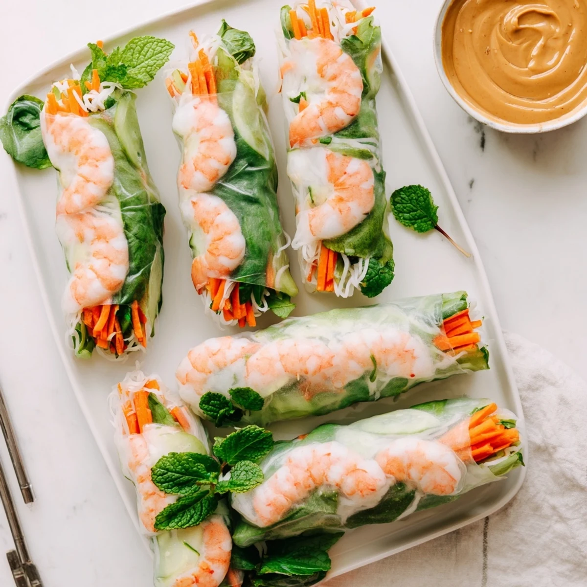 Stuffed Vietnamese Spring Rolls feature rice noodles, carrots, cucumber, mint, and shrimp in translucent rice paper wrappers.