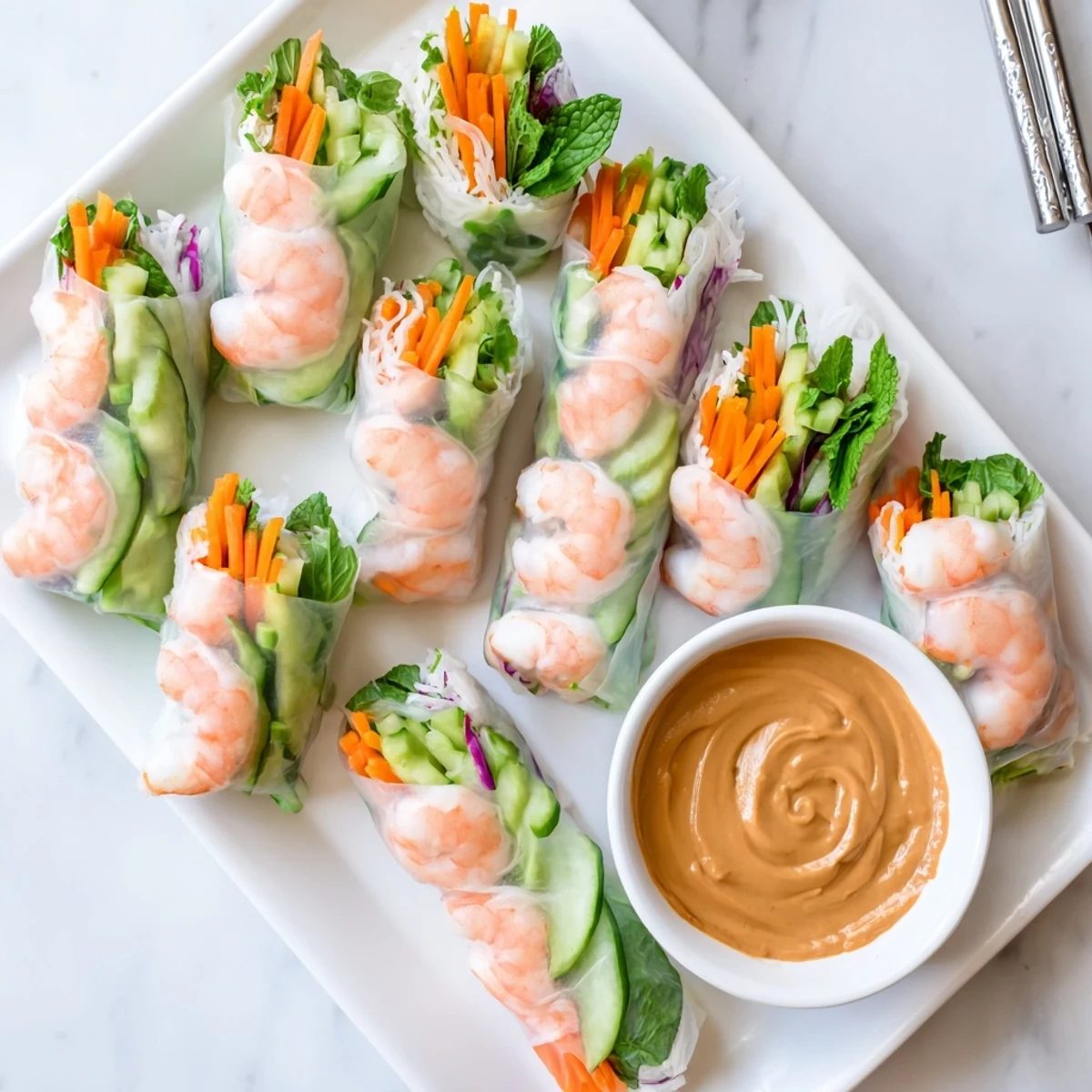 Fresh Vietnamese Spring Rolls with shrimp, crisp veggies, and herbs on a white plate beside peanut dipping sauce.