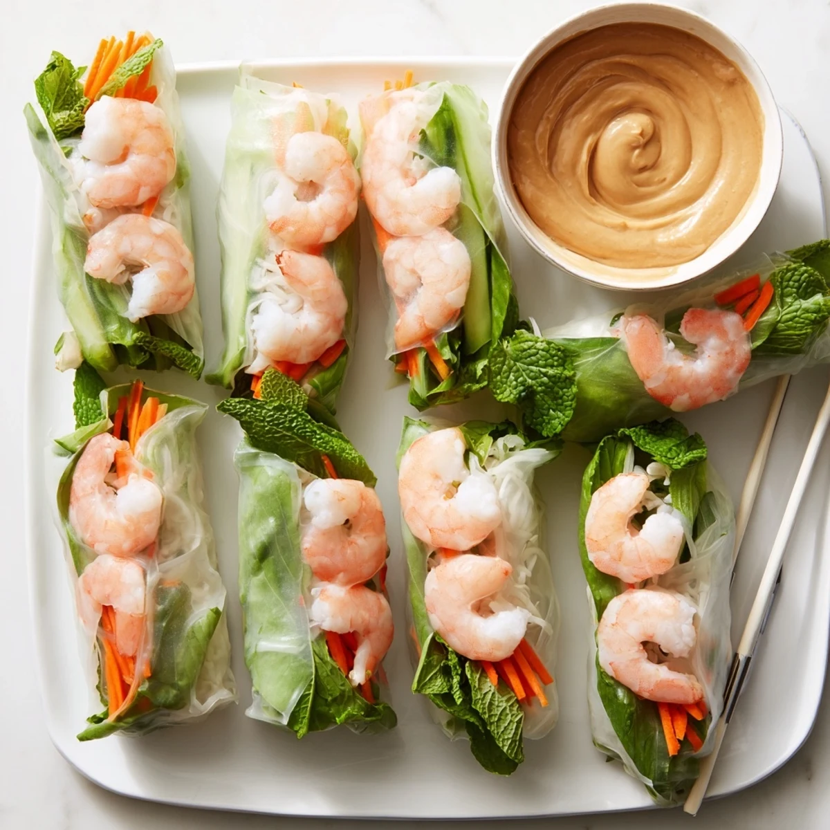 Delicate Vietnamese Spring Rolls arranged with fresh herbs and a small bowl of creamy peanut sauce for dipping.