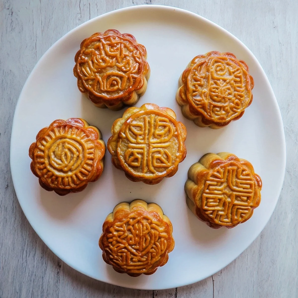 Golden baked mooncakes with lotus seed paste and salted egg yolk filling displayed on a decorative platter with Chinese tea for the Mid-Autumn Festival.
