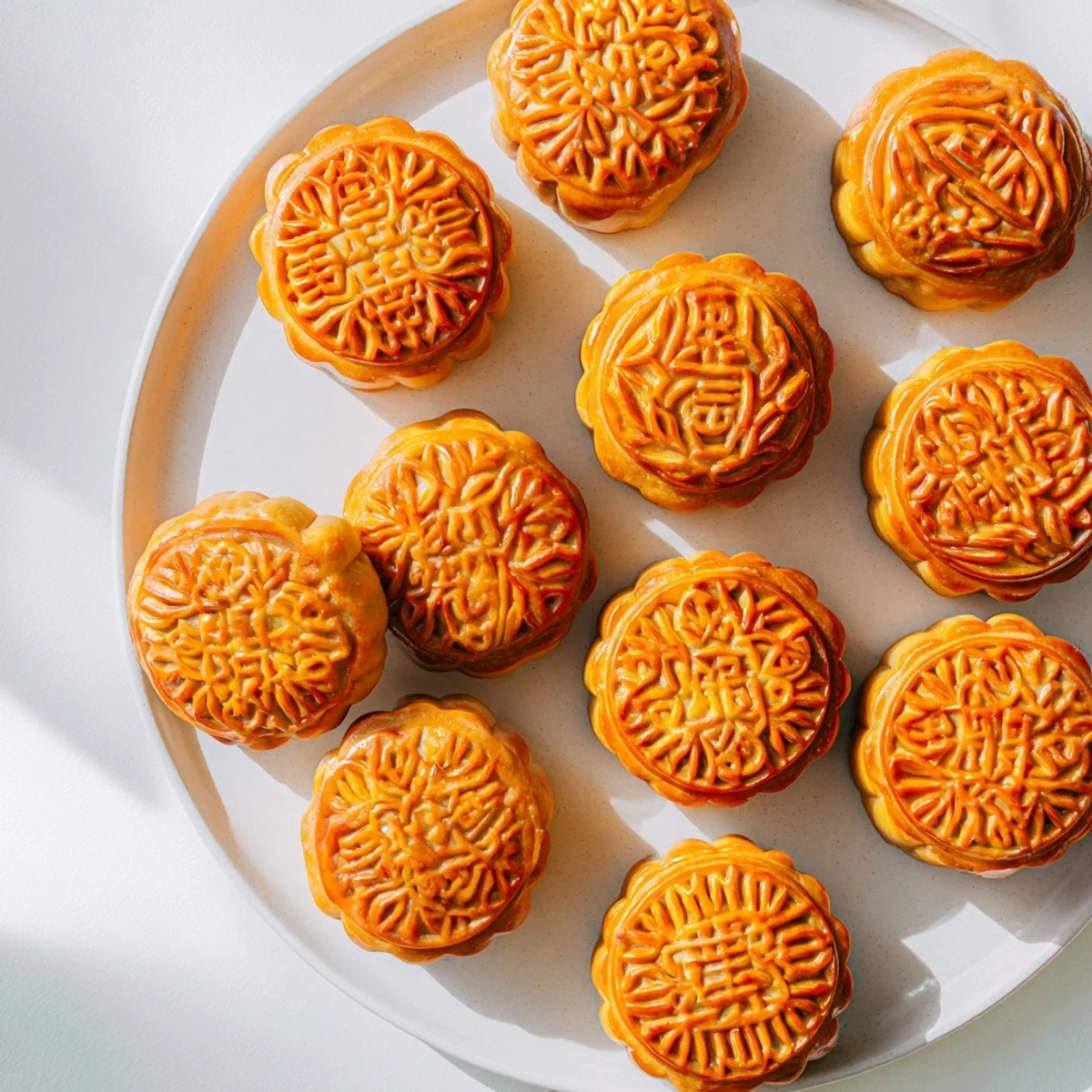 Traditional Chinese mooncakes with a tender pastry crust and sweet dense filling, arranged beautifully for a festive Mid-Autumn Festival dessert table.