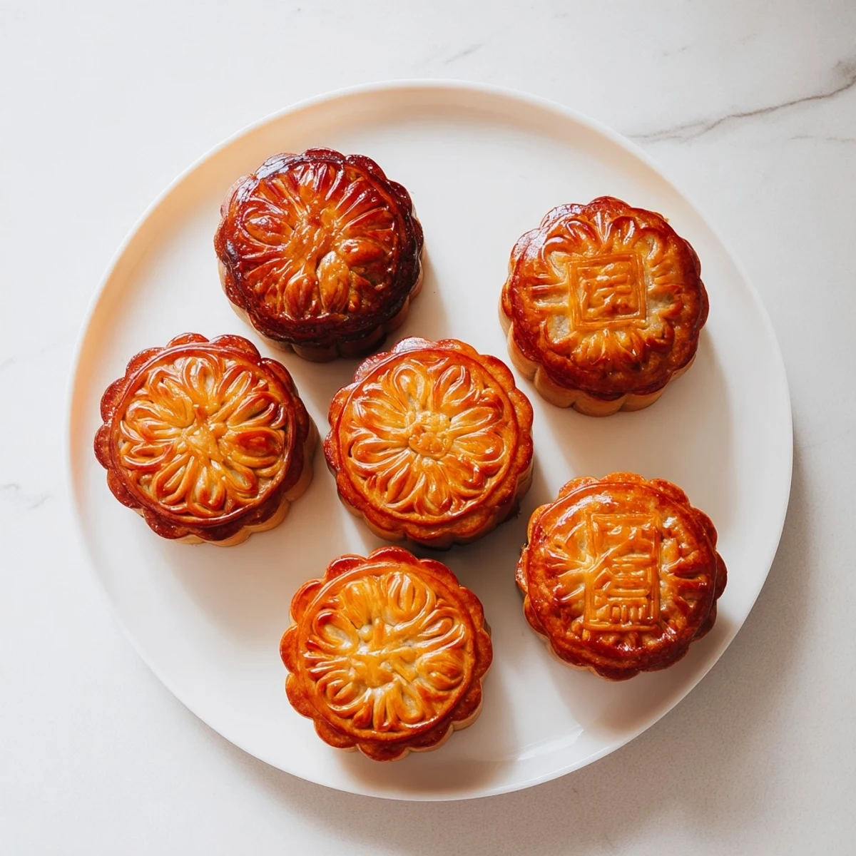 Freshly pressed mooncakes with intricate patterns, golden crust, and lotus seed filling, served on a wooden board alongside steaming cups of green tea.