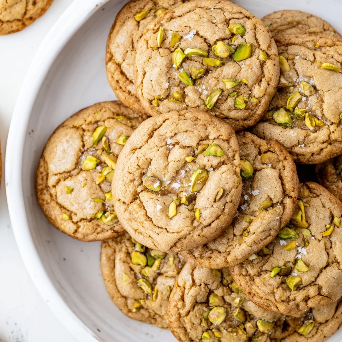 Freshly baked Salted Honey Pistachio Cookies rest on a cooling rack with golden edges.