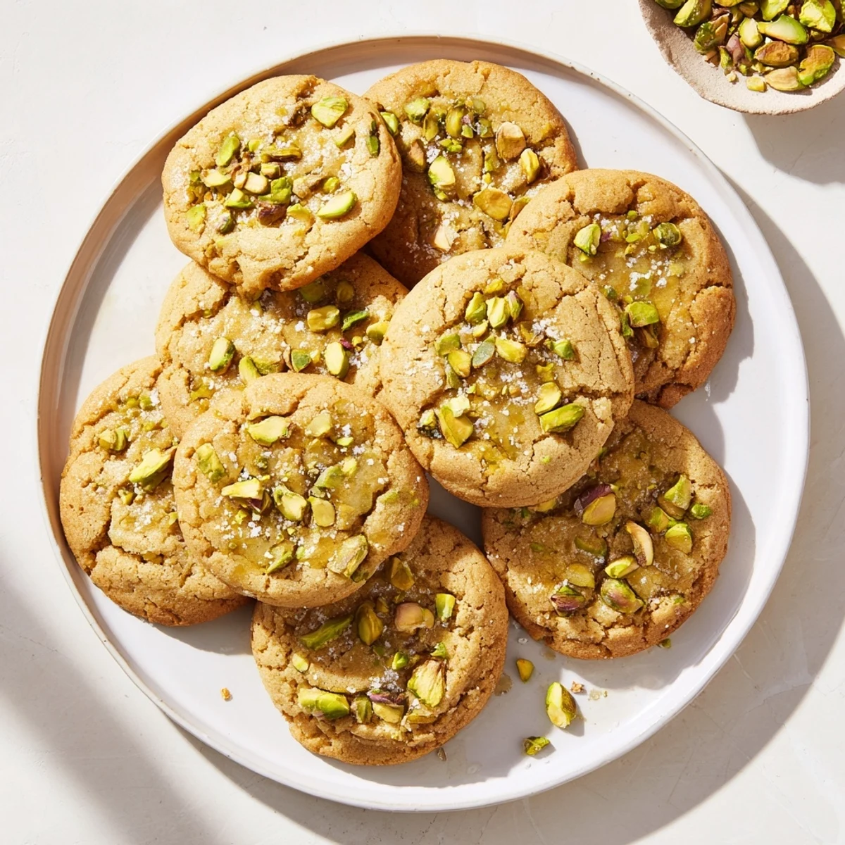Stack of chewy Salted Honey Pistachio Cookies on a plate next to a glass of milk.