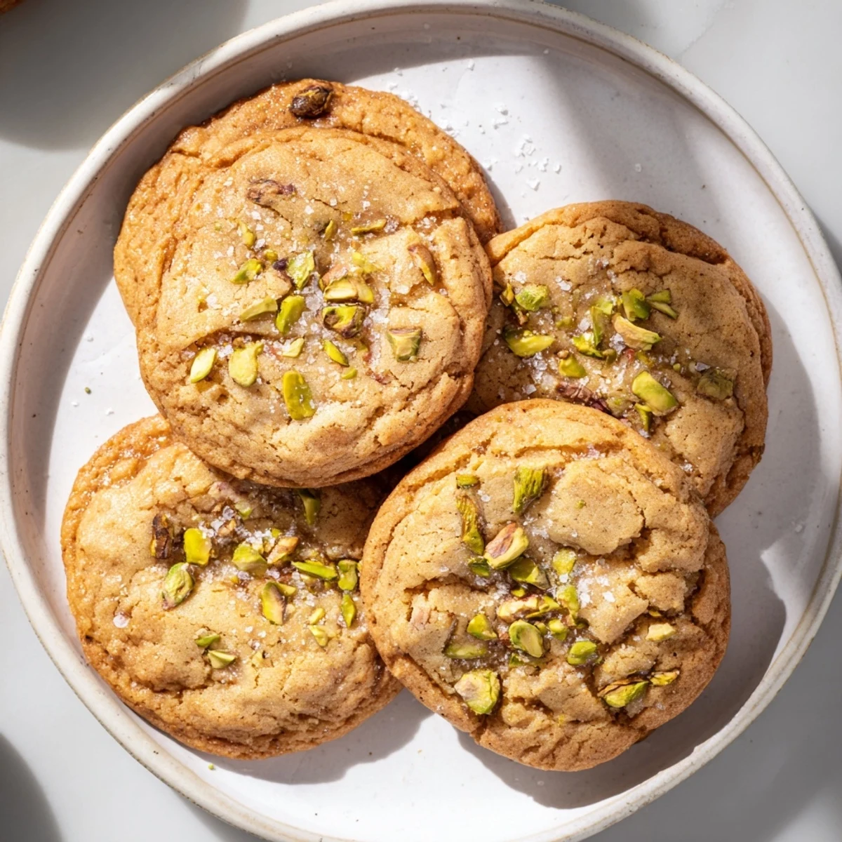A close-up of Salted Honey Pistachio Cookies shows chopped nuts and flaky sea salt.