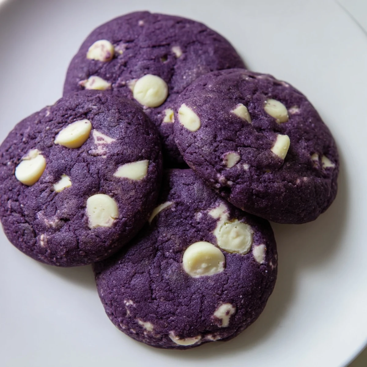 Vibrant purple White Chocolate Ube Cookies studded with creamy white chips sit on a cooling rack, ready to serve.