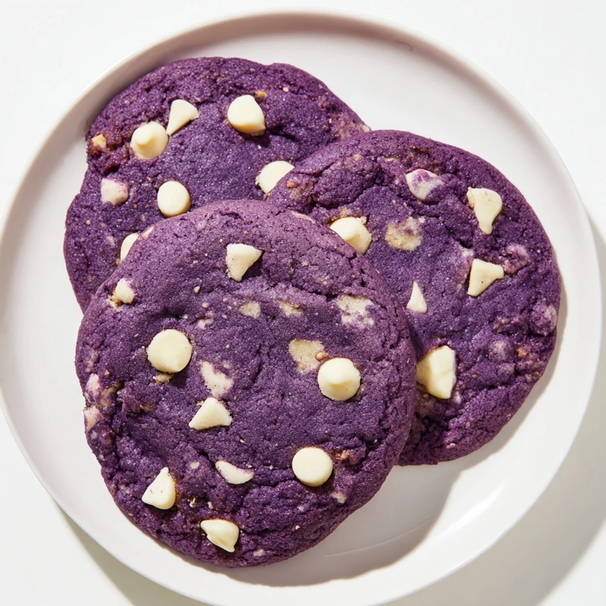Freshly baked White Chocolate Ube Cookies show soft, chewy centers and melted white chocolate on a rustic wooden table.