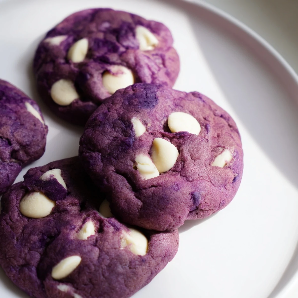 A close-up of White Chocolate Ube Cookies highlights the purple crumb texture and glossy white chocolate pieces in each bite.