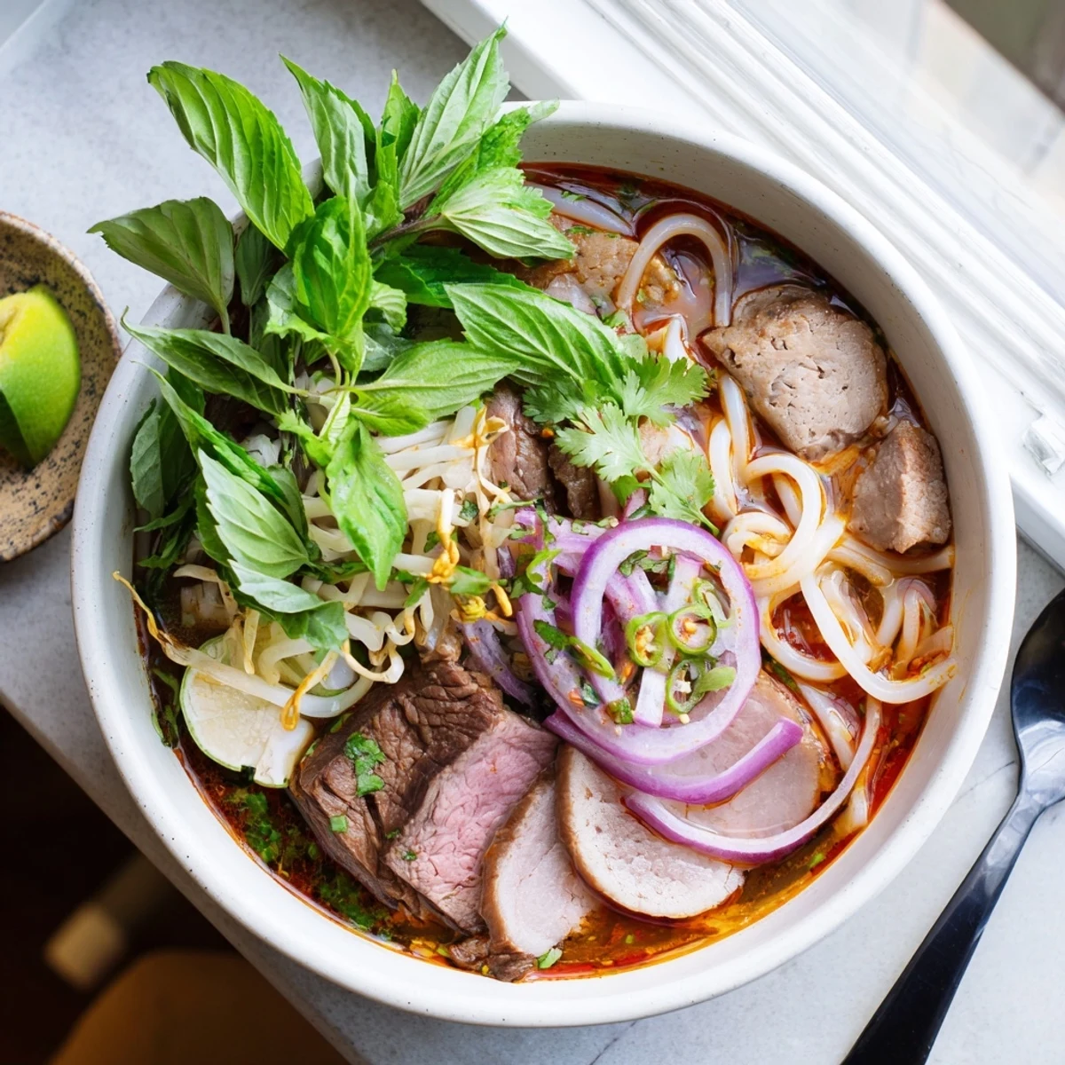 Steaming bowl of Bun Bo Hue, showcasing thick rice noodles and tender beef slices in rich, aromatic broth.