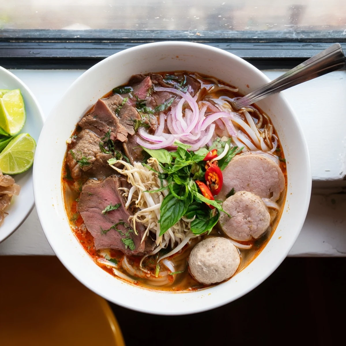 Hearty serving of Bun Bo Hue with pork hock, brisket, and fragrant lemongrass garnishes on the side.