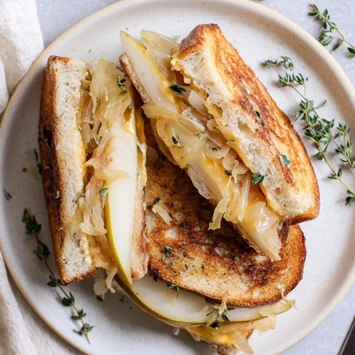 Buttered sourdough holds melted cheddar, tender pear and apple slices, plus sweet caramelized onions in this gourmet Pear, Apple & Grilled Cheese with Caramelized Onions.