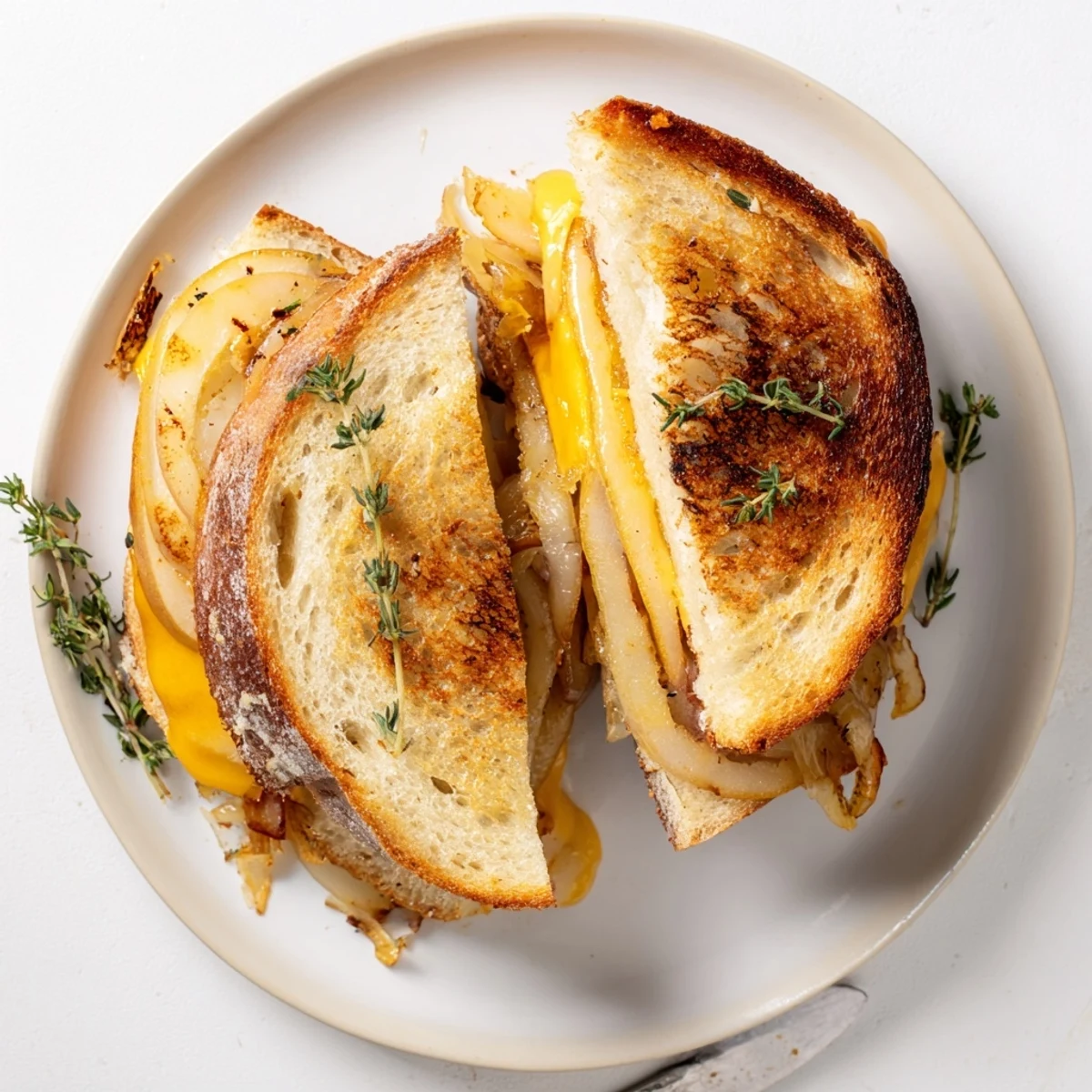 Golden, crispy slices of the Pear, Apple & Grilled Cheese with Caramelized Onions steam gently on a wooden board, revealing melted cheddar and sweet fruit layers.