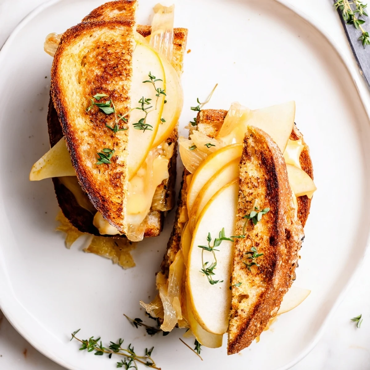A close-up of the golden-brown crust of the Pear, Apple & Grilled Cheese with Caramelized Onions, drizzled with balsamic and garnished with fresh thyme.