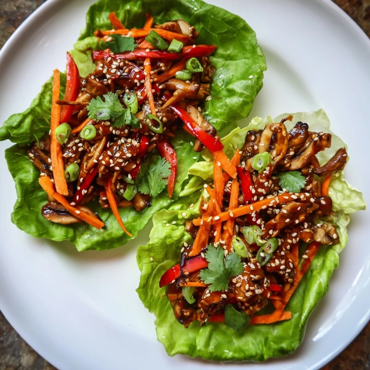 Crisp butter lettuce leaves cradle savory sautéed shiitake mushrooms, carrots, and bell peppers in this vibrant Shiitake Mushroom Lettuce Wraps recipe.