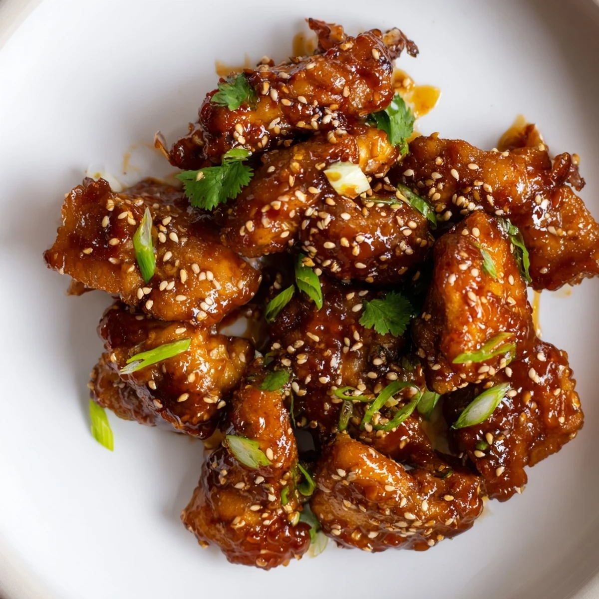 Golden brown Sweet and Spicy Thai Chicken pieces glistening with a glossy glaze, garnished with fresh green onions and sesame seeds on a rustic plate.