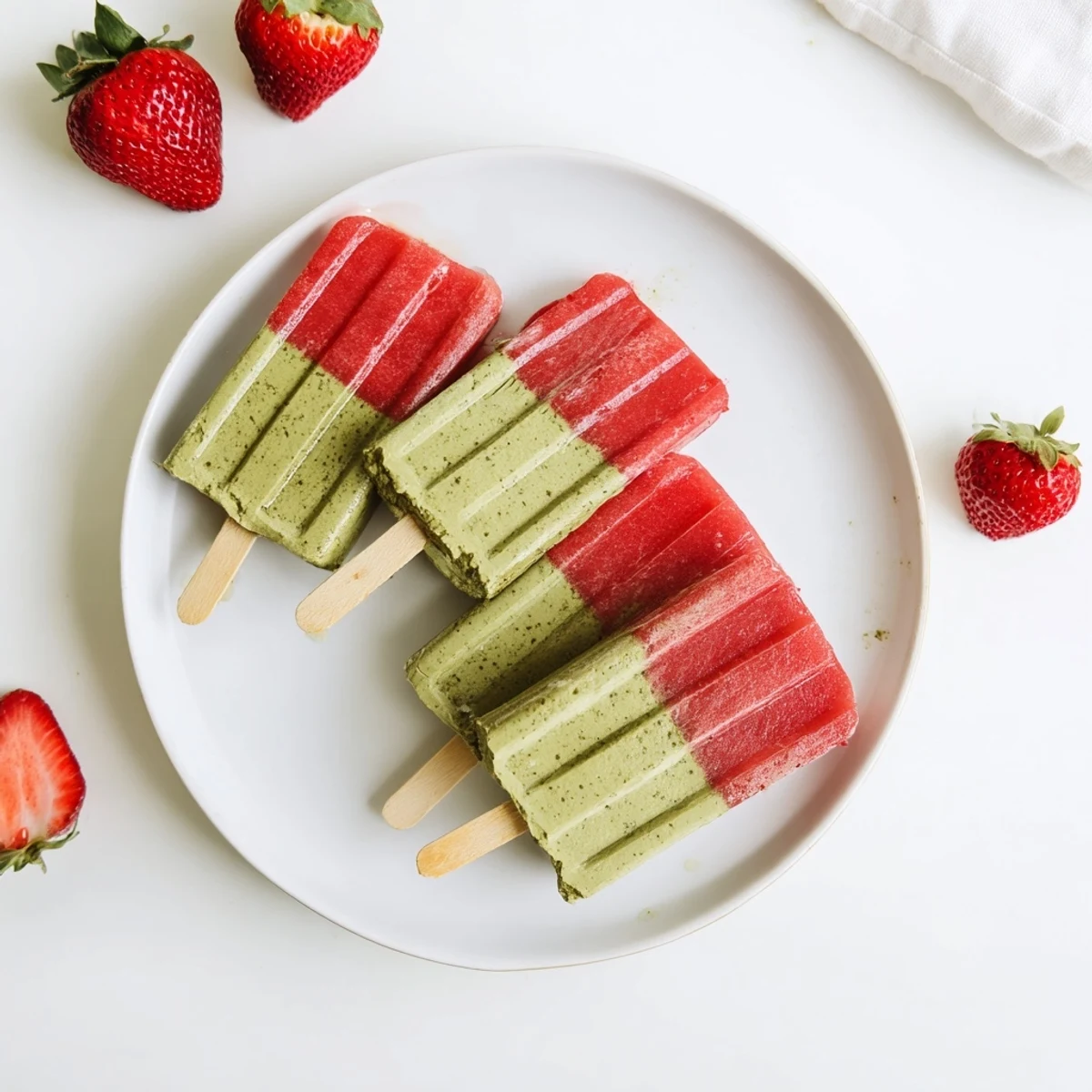 Creamy green matcha and vibrant pink strawberry layers in this Strawberry Matcha Latte Popsicle, drizzled with honey.