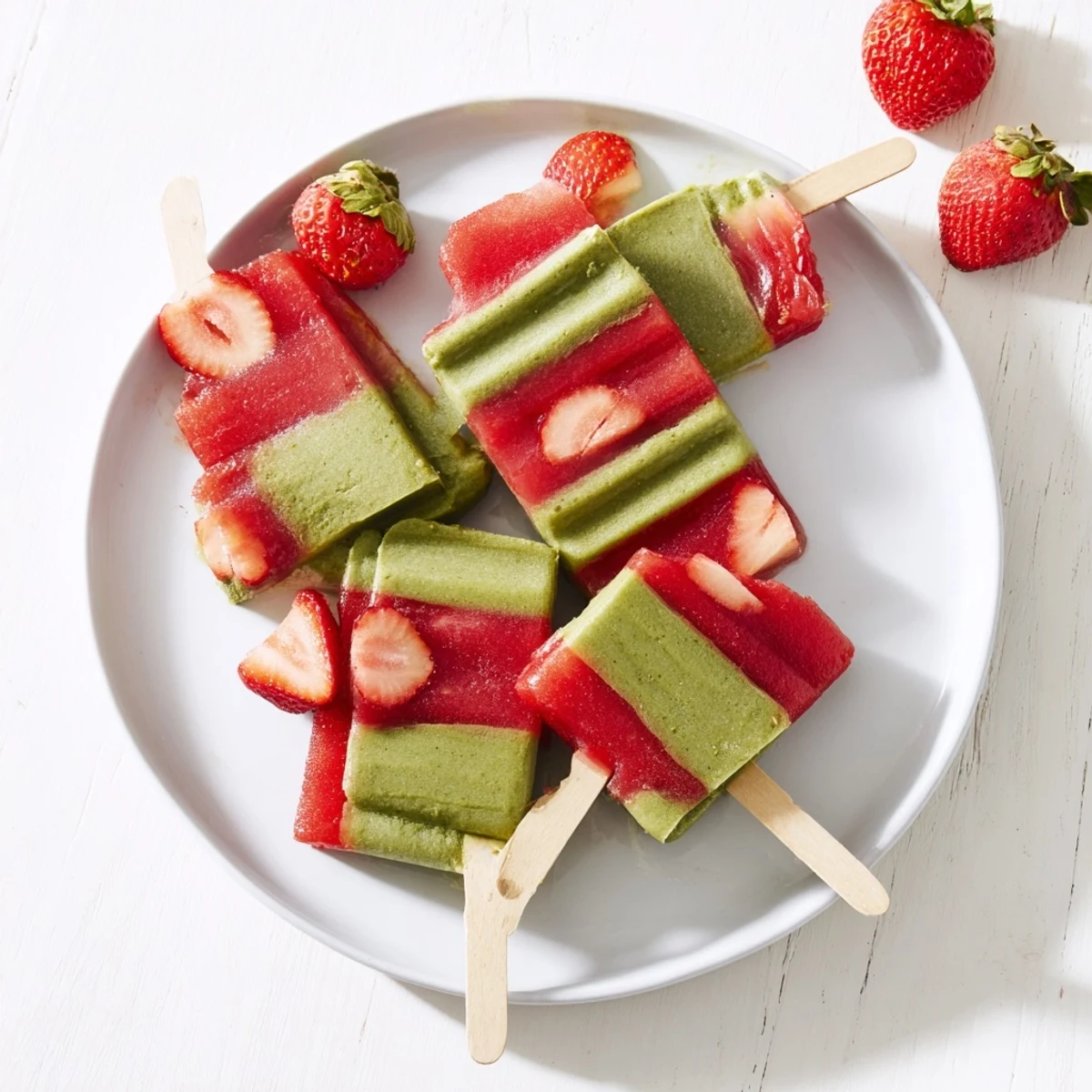 Ready to serve, the Strawberry Matcha Latte Popsicle is held against a sunny summer backdrop.