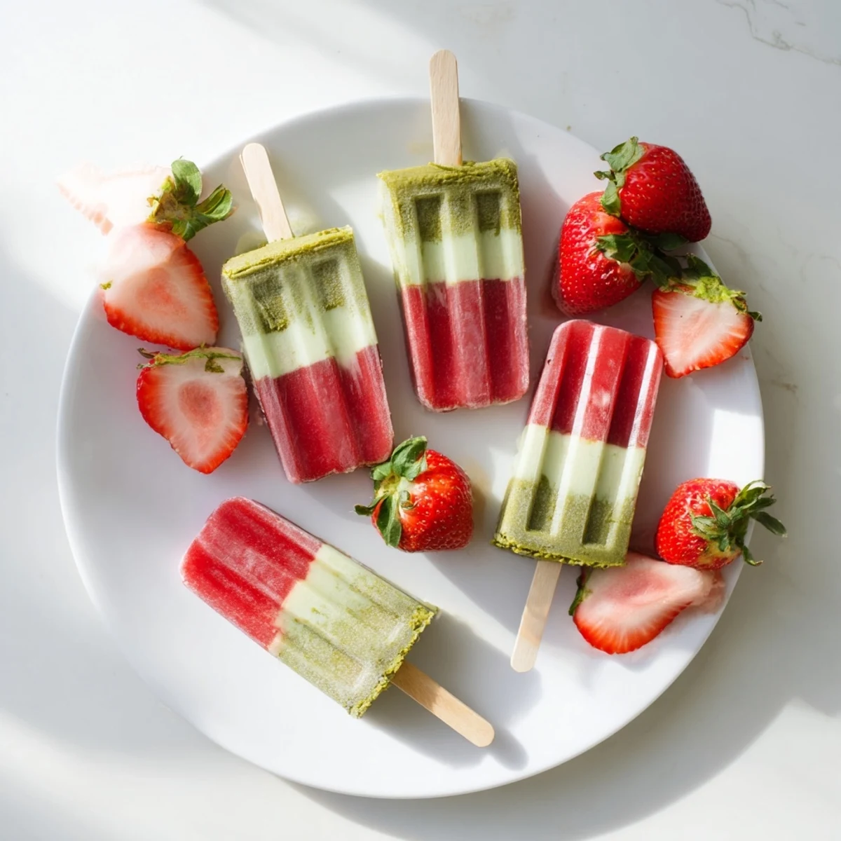 Fruity and earthy, the Strawberry Matcha Latte Popsicle shows a hint of vanilla and mint garnish.