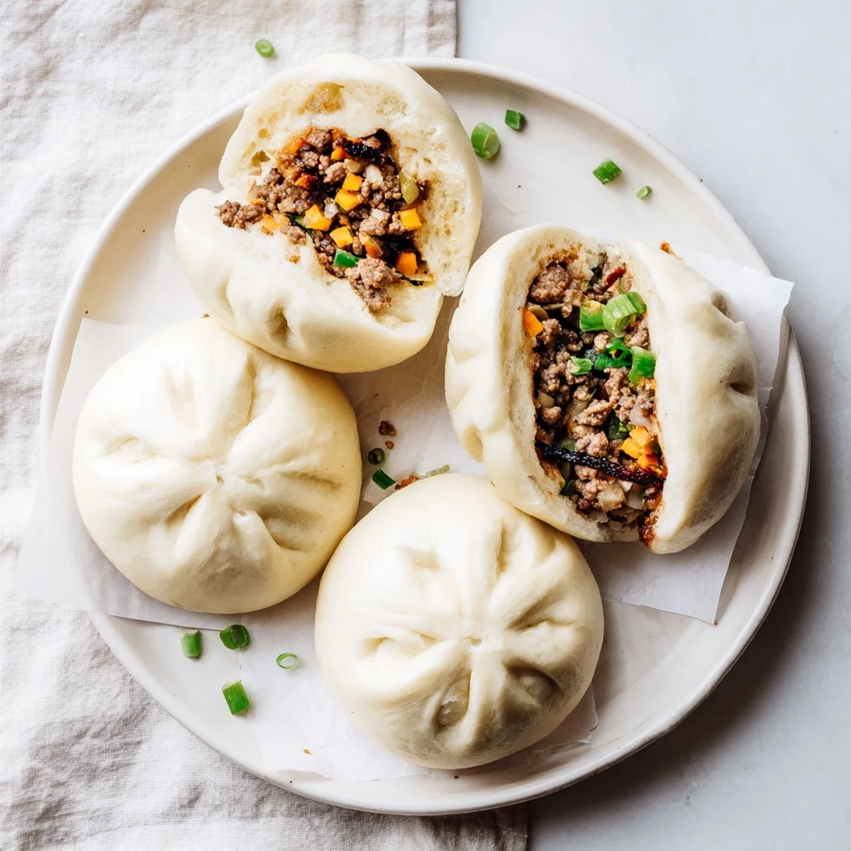 Fluffy white Banh Bao bun filled with savory pork, mushrooms, and a slice of hard-boiled egg.  