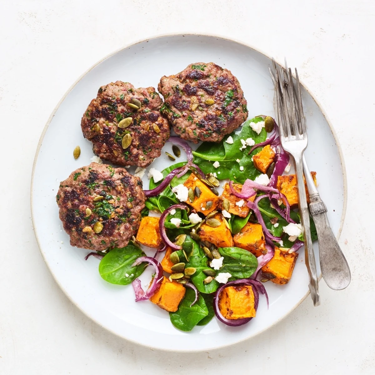 Golden-brown lamb rissoles rest beside a vibrant sweet potato salad with feta and pumpkin seeds. Lamb Rissoles With Sweet Potato Salad is a gluten-free main dish.