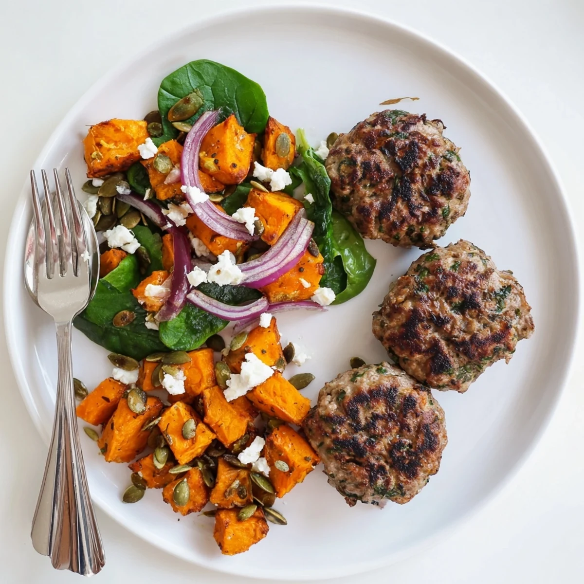 Roasted sweet potato cubes shine with spinach, red onion, and creamy feta in this salad. Lamb Rissoles With Sweet Potato Salad makes a wholesome, satisfying meal.
