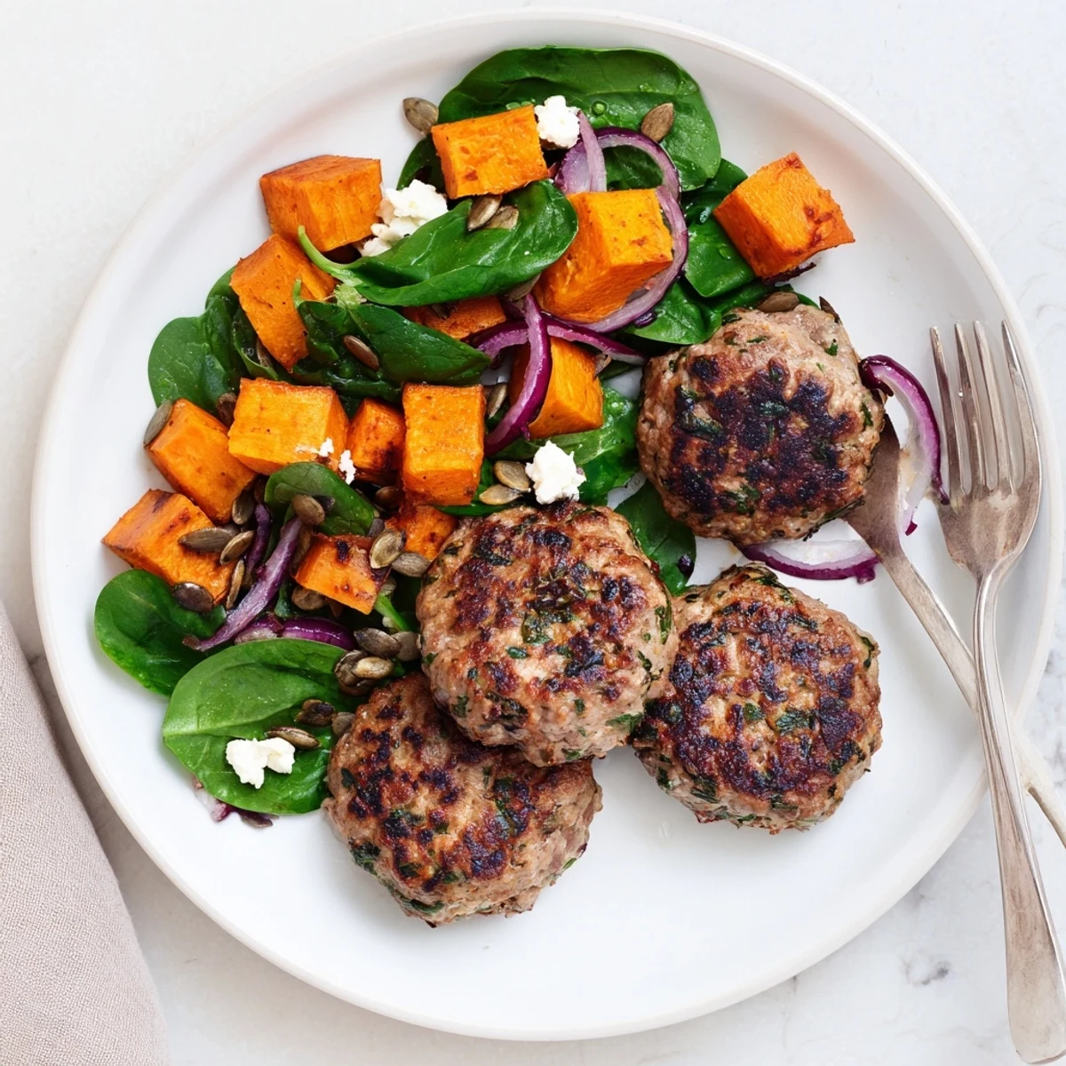 Juicy spiced lamb risoubles sit beside a colorful bowl of roasted sweet potato salad. Lamb Rissoles With Sweet Potato Salad pairs perfect flavors for dinner.