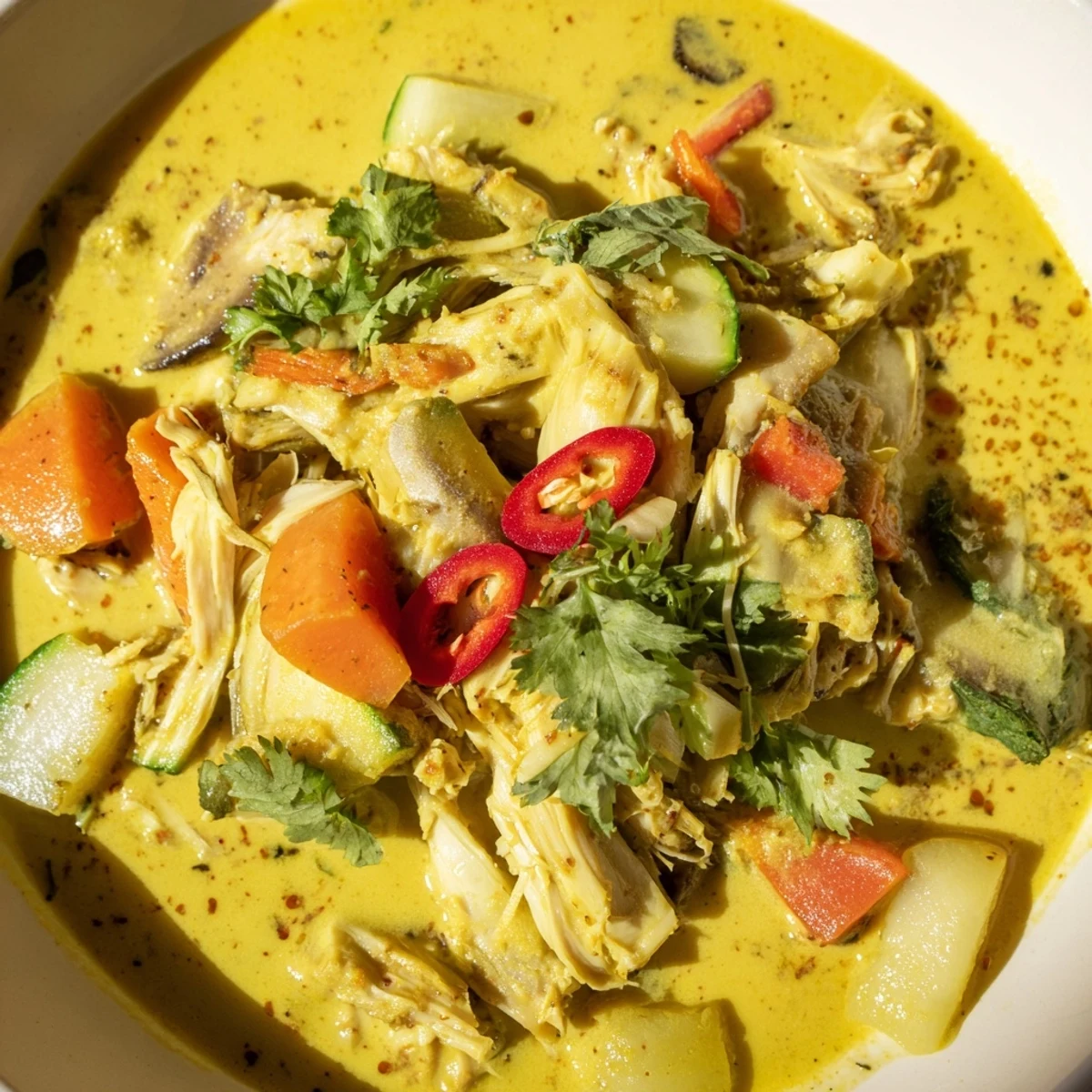 Jackfruit and Mushroom Balinese Curry served steaming hot with fluffy white rice and lime.