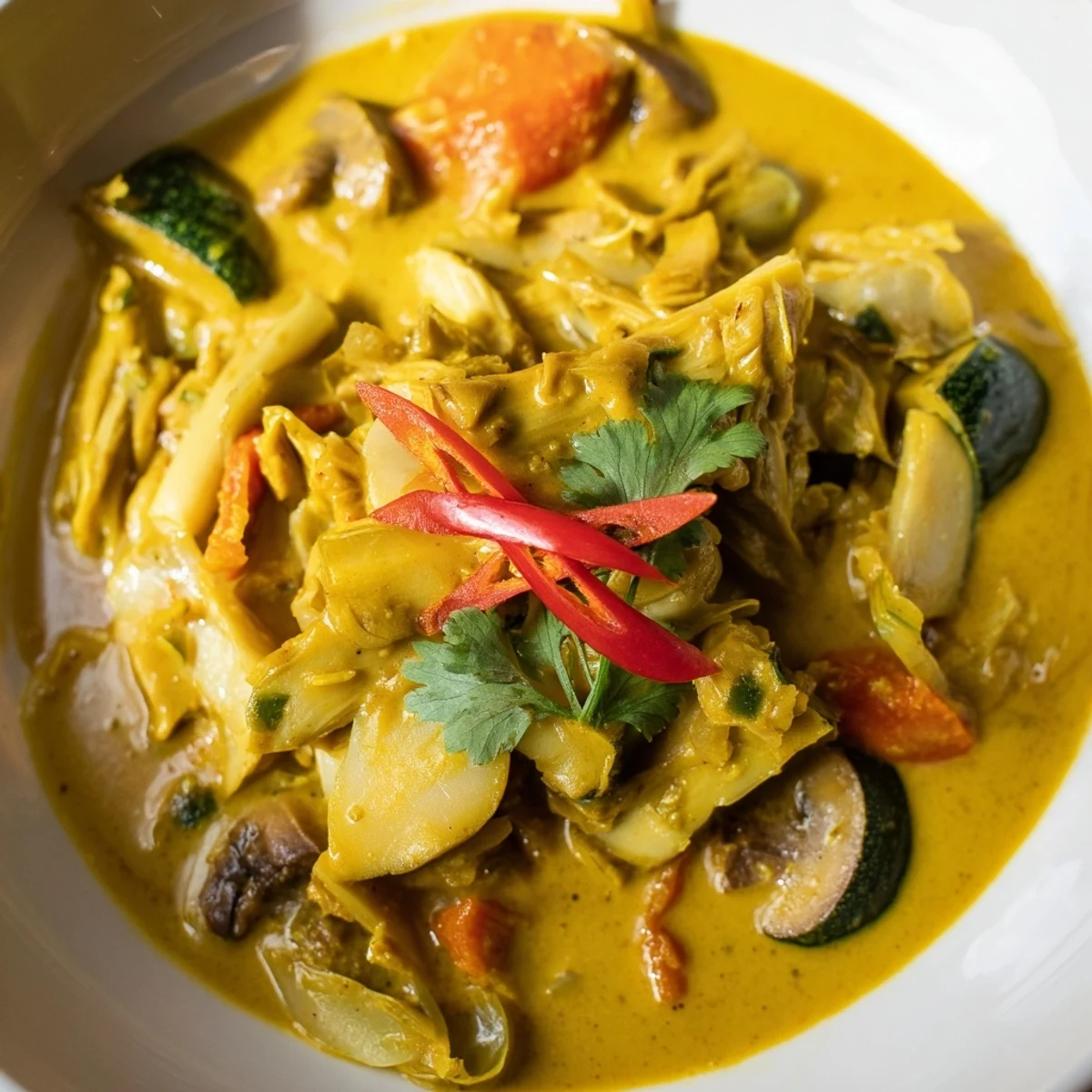 Vibrant vegan Jackfruit and Mushroom Balinese Curry with tender vegetables and spicy coconut sauce.