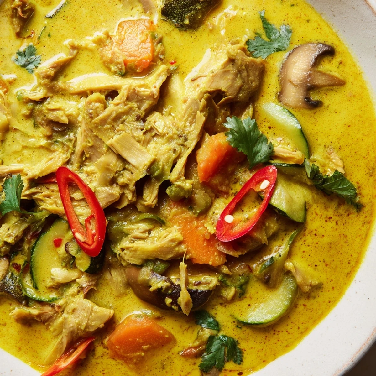 A close-up of the plant-based curry in a rustic bowl, garnished with cilantro.