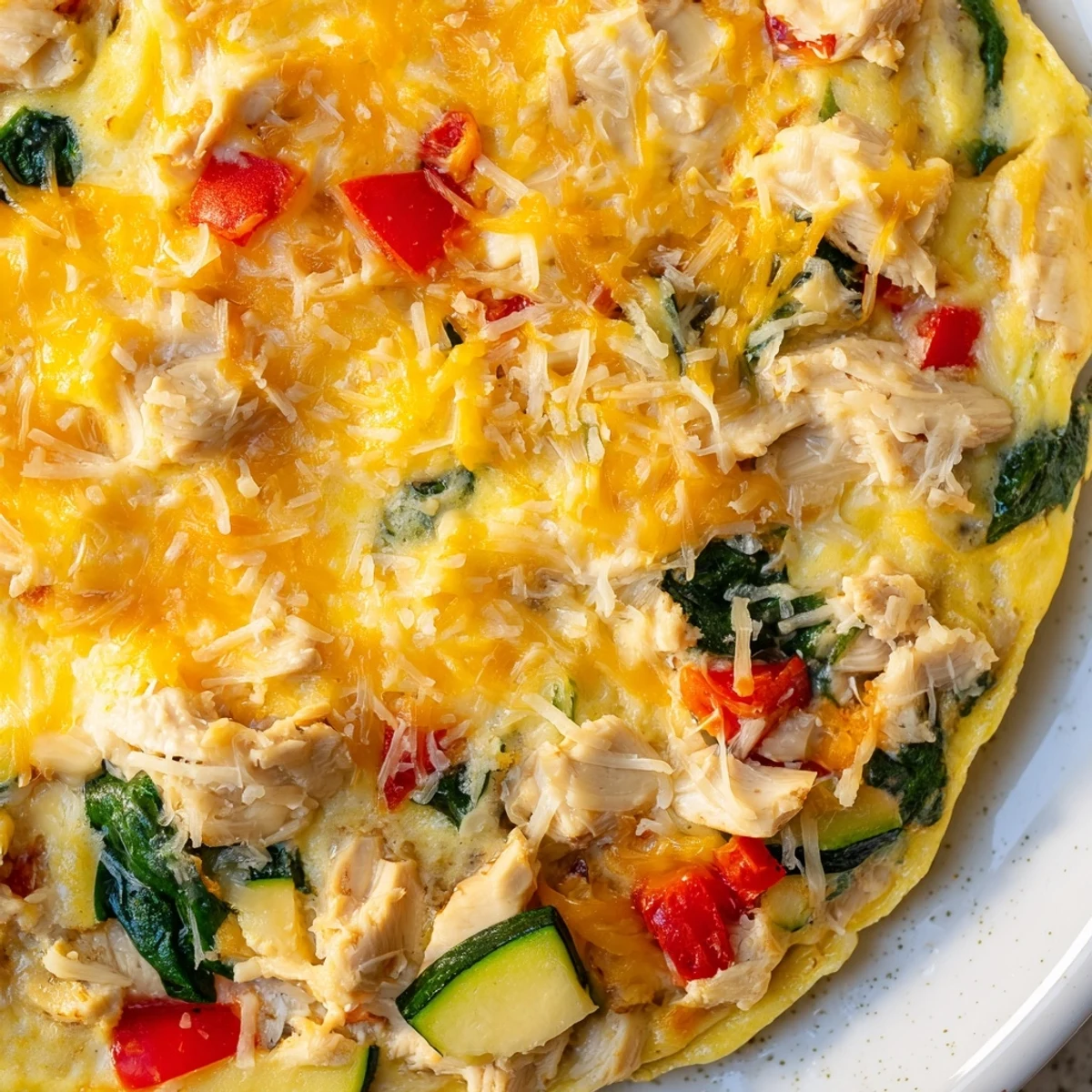 A slice of golden-brown Chicken and Vegetable Frittata loaded with diced chicken, spinach, bell peppers, and melted cheese.