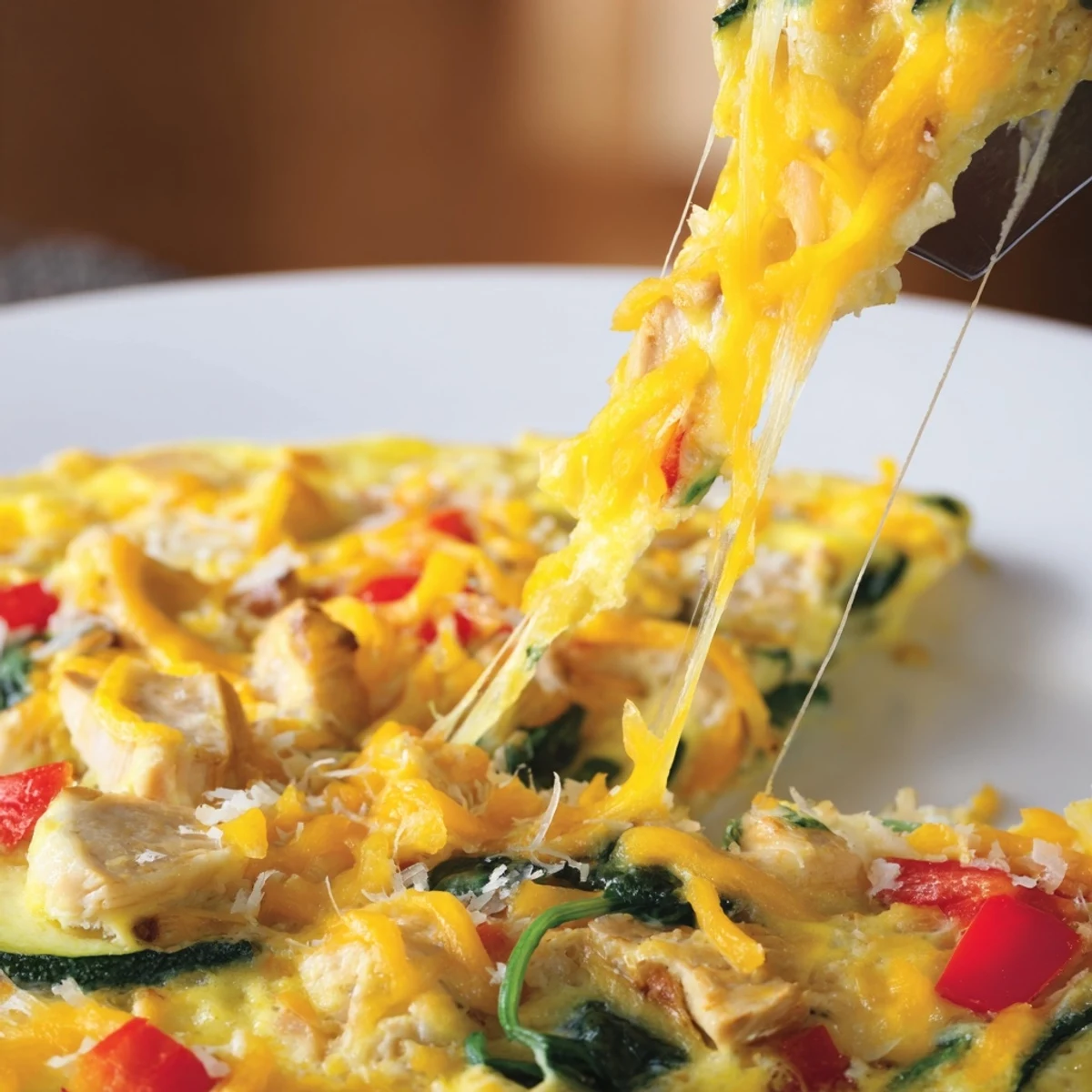 Close-up of fluffy Chicken and Vegetable Frittata served warm, showcasing tender zucchini and onions inside a rustic skillet.