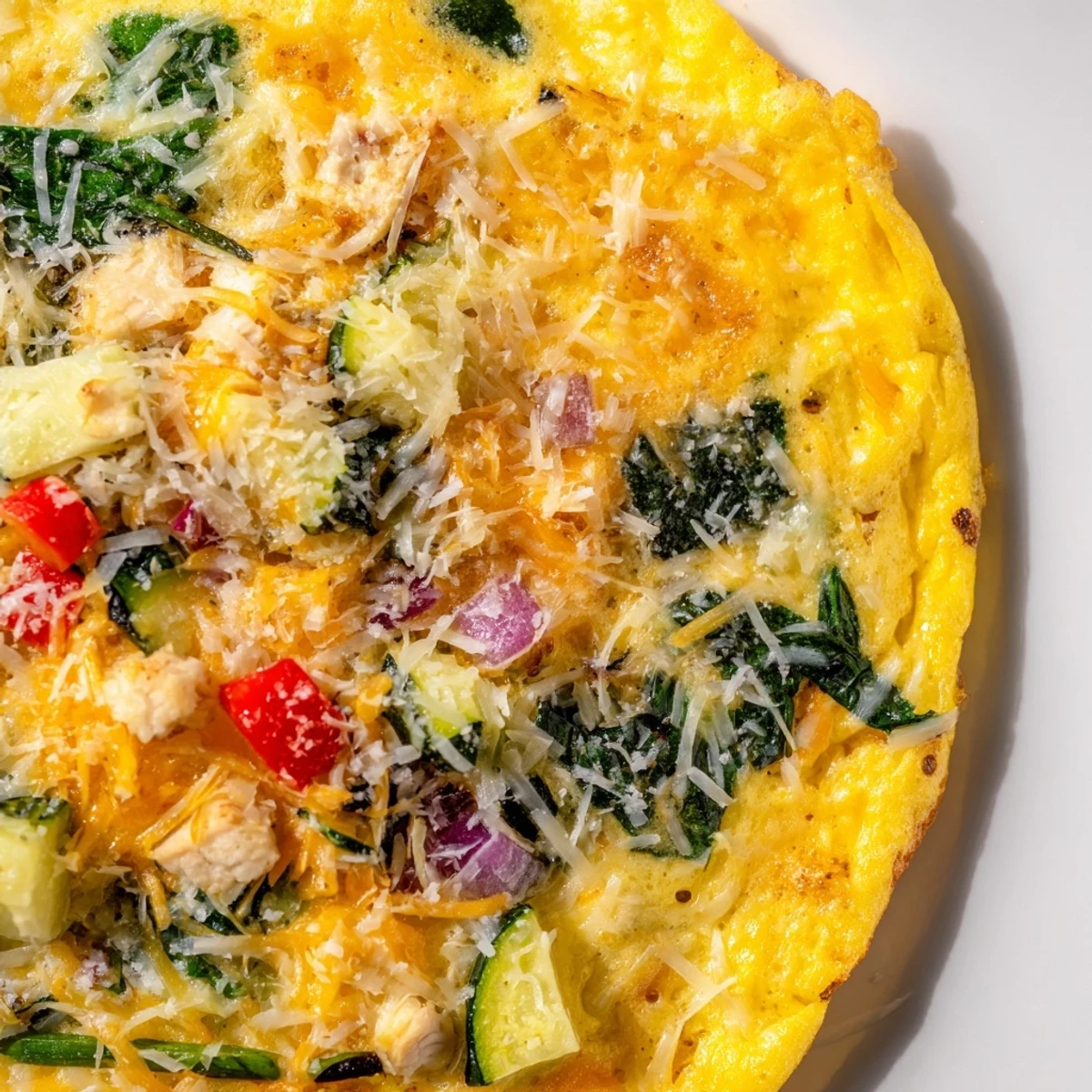Savory Chicken and Vegetable Frittata topped with Parmesan, perfect for a healthy gluten-free breakfast or light dinner plate.