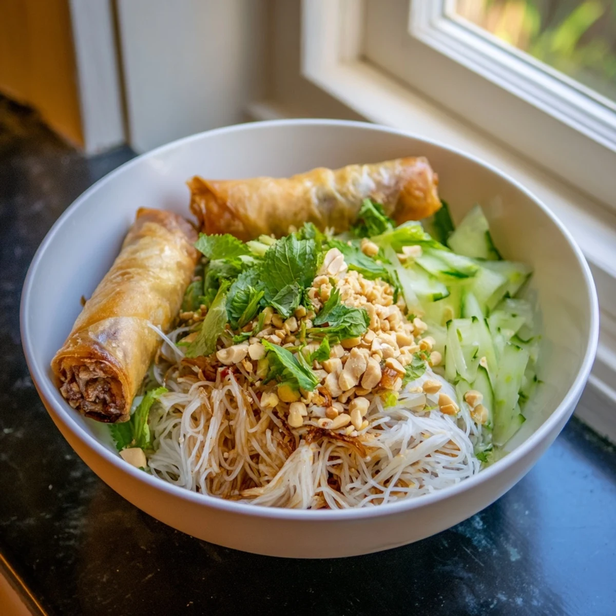 Freshly fried golden cha gio rest atop a bed of cool rice vermicelli noodles, garnished with crisp bean sprouts, cucumber, and fresh mint leaves for Bun Cha Gio.