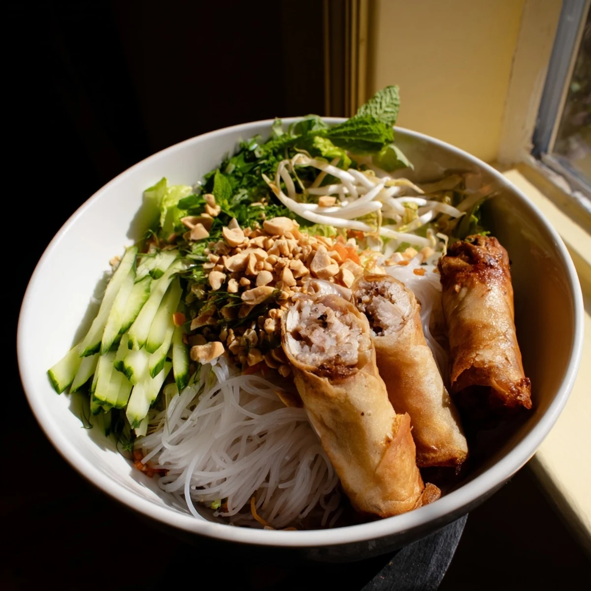 A close-up view of Bun Cha Gio shows sliced crispy spring rolls nestled among rice noodles, shredded lettuce, chopped peanuts, and a side of tangy nuoc cham sauce.