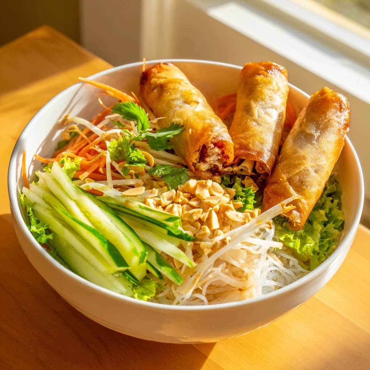 Overhead perspective of a vibrant Vietnamese noodle bowl, Bun Cha Gio, featuring steaming rice vermicelli, herbs, and crispy spring rolls ready to be enjoyed.