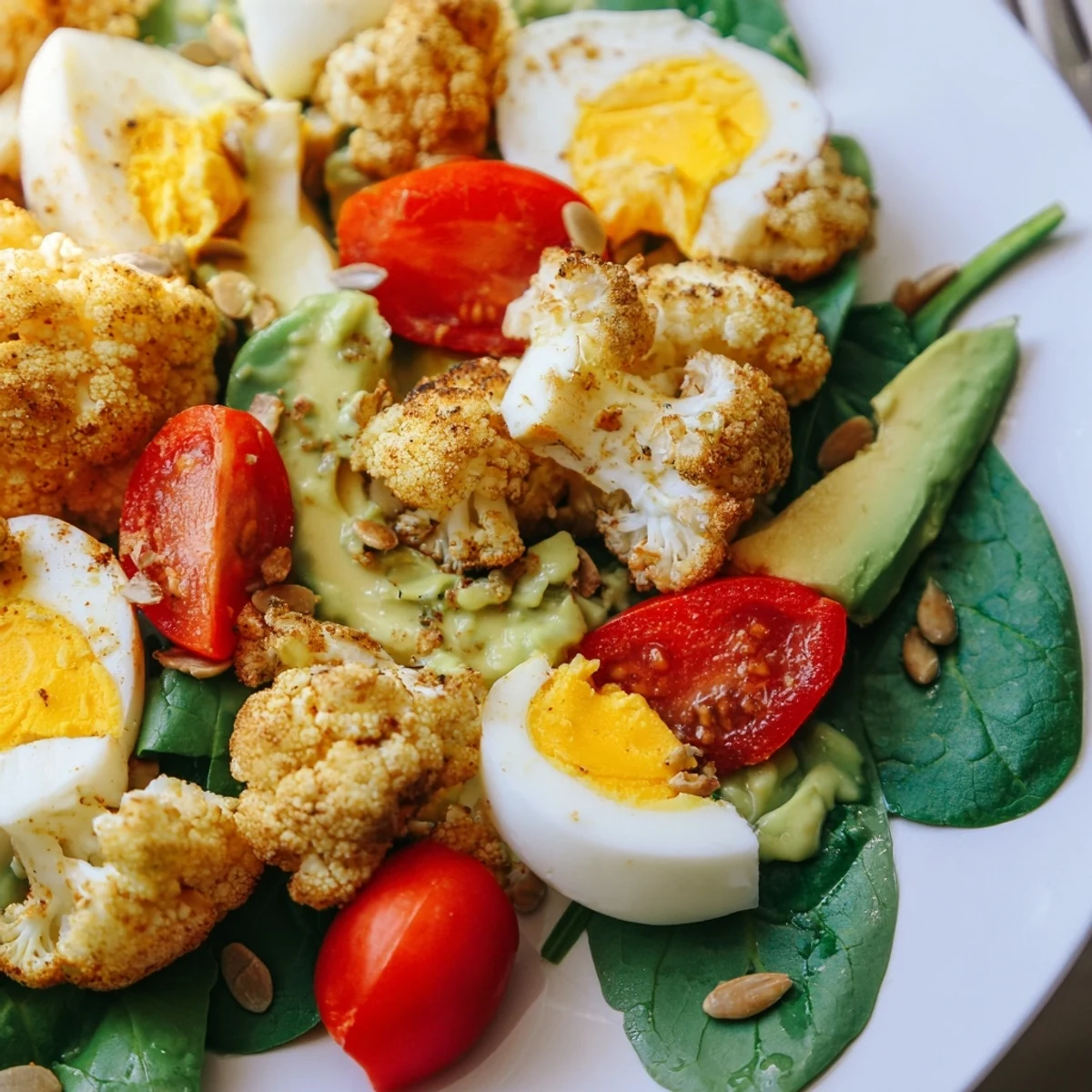 Golden roasted cauliflower florets and halved hard-boiled eggs rest on fresh baby spinach, drizzled with creamy avocado dressing.