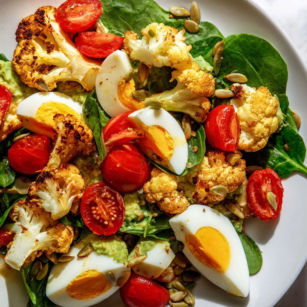 Vibrant cherry tomatoes and thin red onion slices top a bed of greens with roasted cauliflower in the Roast Cauliflower and Egg Salad.
