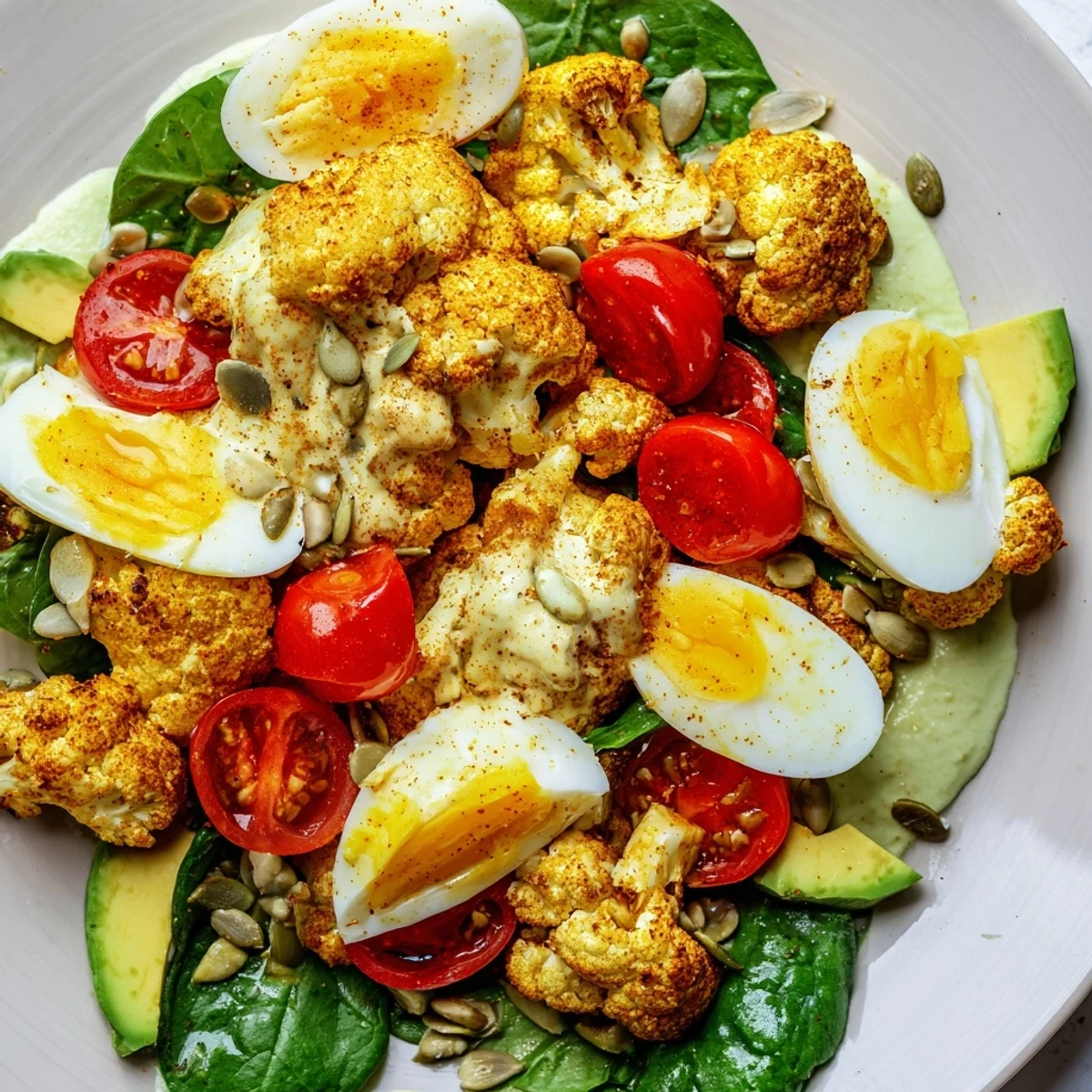 A serving of Roast Cauliflower and Egg Salad with avocado dressing, featuring golden cauliflower, sliced eggs, and toasted sunflower seeds.