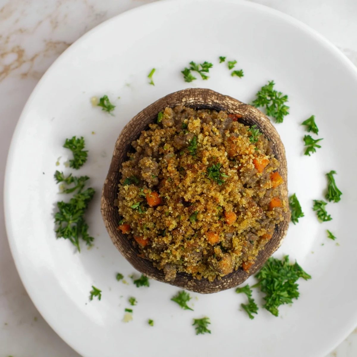 A close-up of Savoury Mince Stuffed Mushrooms reveals juicy portobello caps brimming with savory beef and aromatic herbs, garnished with fresh parsley.