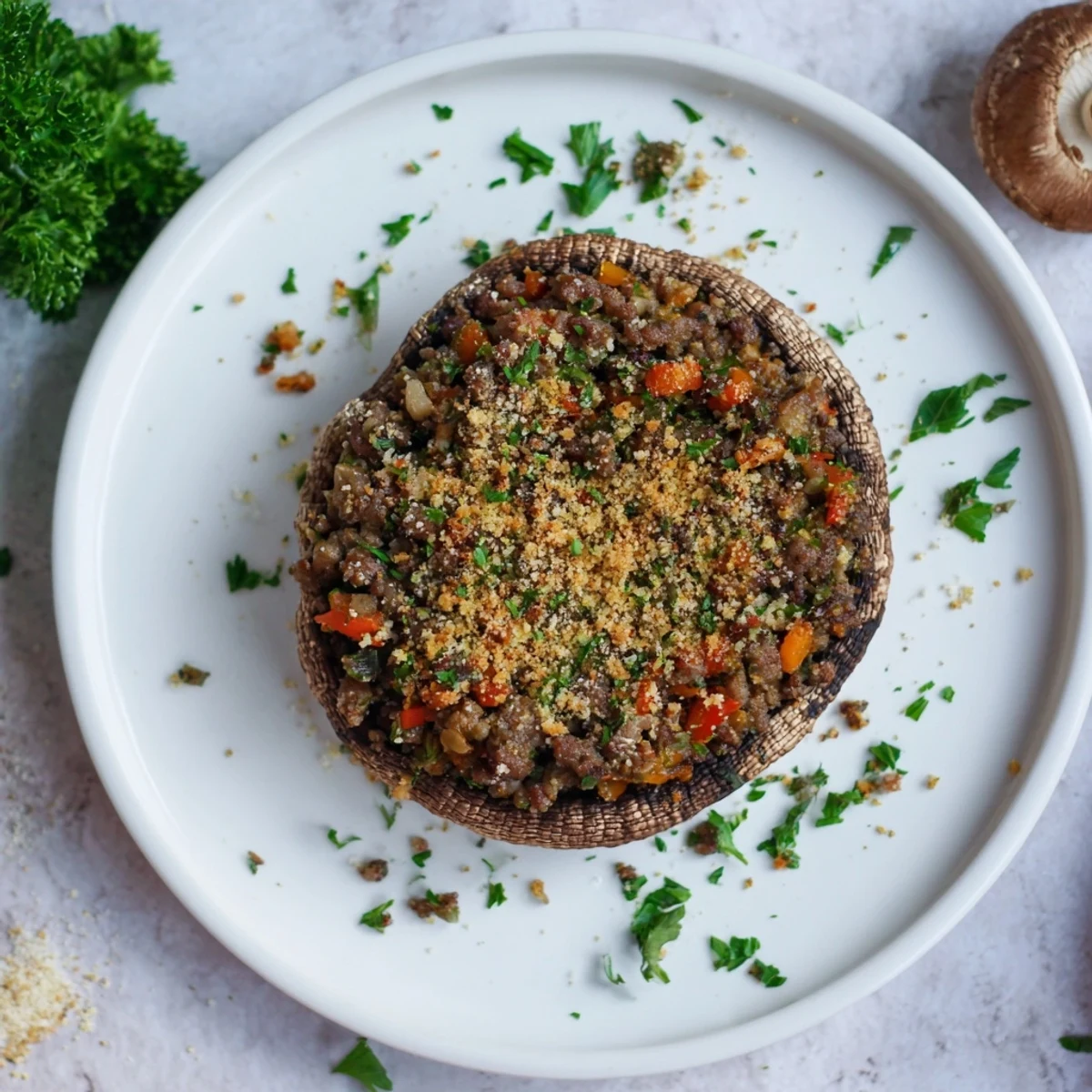 Golden-brown Savoury Mince Stuffed Mushrooms emerge from the oven, showcasing herbed beef filling and crispy breadcrumbs on a rustic baking tray.