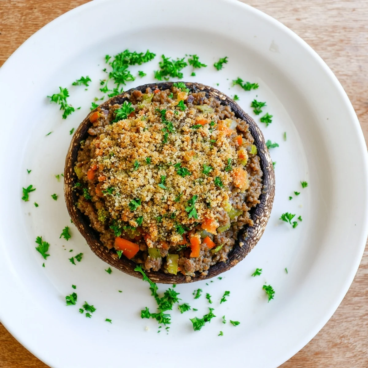 Savoury Mince Stuffed Mushrooms are plated on a white dish, ready to be served as a warm appetizer or hearty snack.
