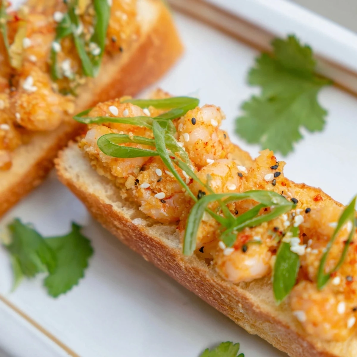 Golden Vietnamese Cajun Shrimp Toast garnished with green onions and sesame seeds, served with fresh lime wedges for a zesty finish.