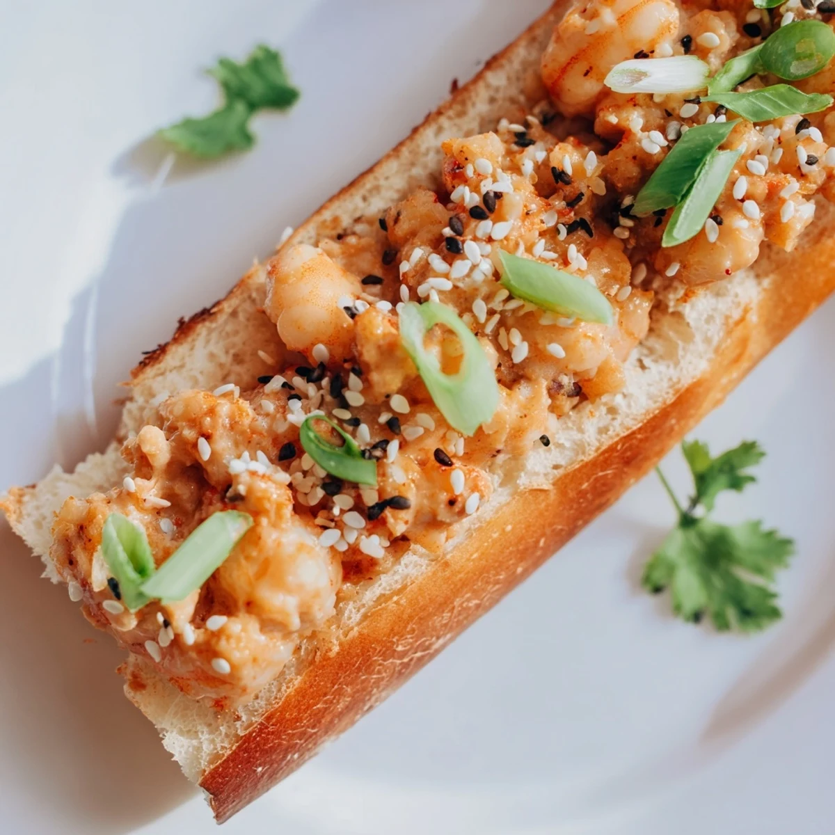 A close-up view of crispy baguette slices topped with spicy baked shrimp mixture, perfect for an appetizer platter at a party.
