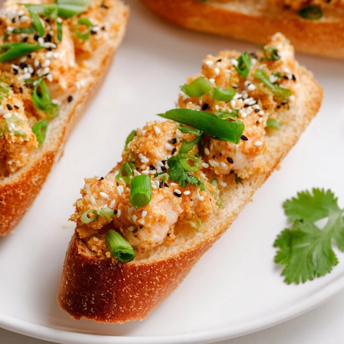 Vietnamese Cajun Shrimp Toast arranged on a rustic wooden board with cilantro garnish, showcasing its golden crust and vibrant toppings.