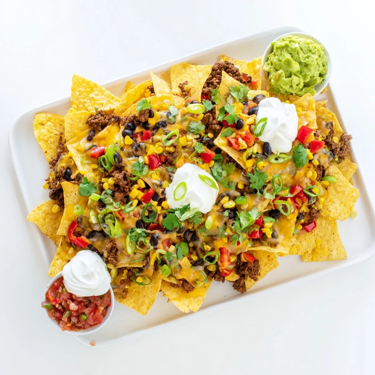 Colorful bell peppers, corn, and black beans top the bubbling Family Nachos Tray Bake, served with guacamole and sour cream for a festive game day spread.