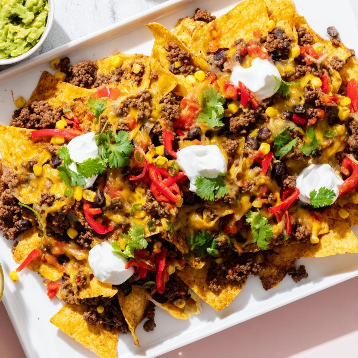 Crispy tortilla chips support seasoned beef, melted cheddar, and Monterey Jack in this Family Nachos Tray Bake, garnished with jalapeños and fresh cilantro.